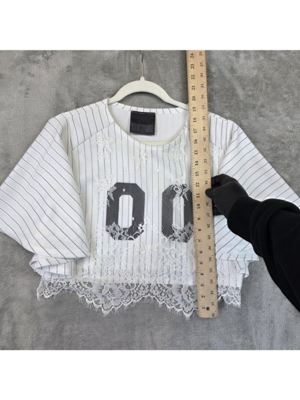 Savant Syndrome T-Shirt Womens L White Stripe Lace 00 Kimono Sleeve Cropped - Picture 5 of 7